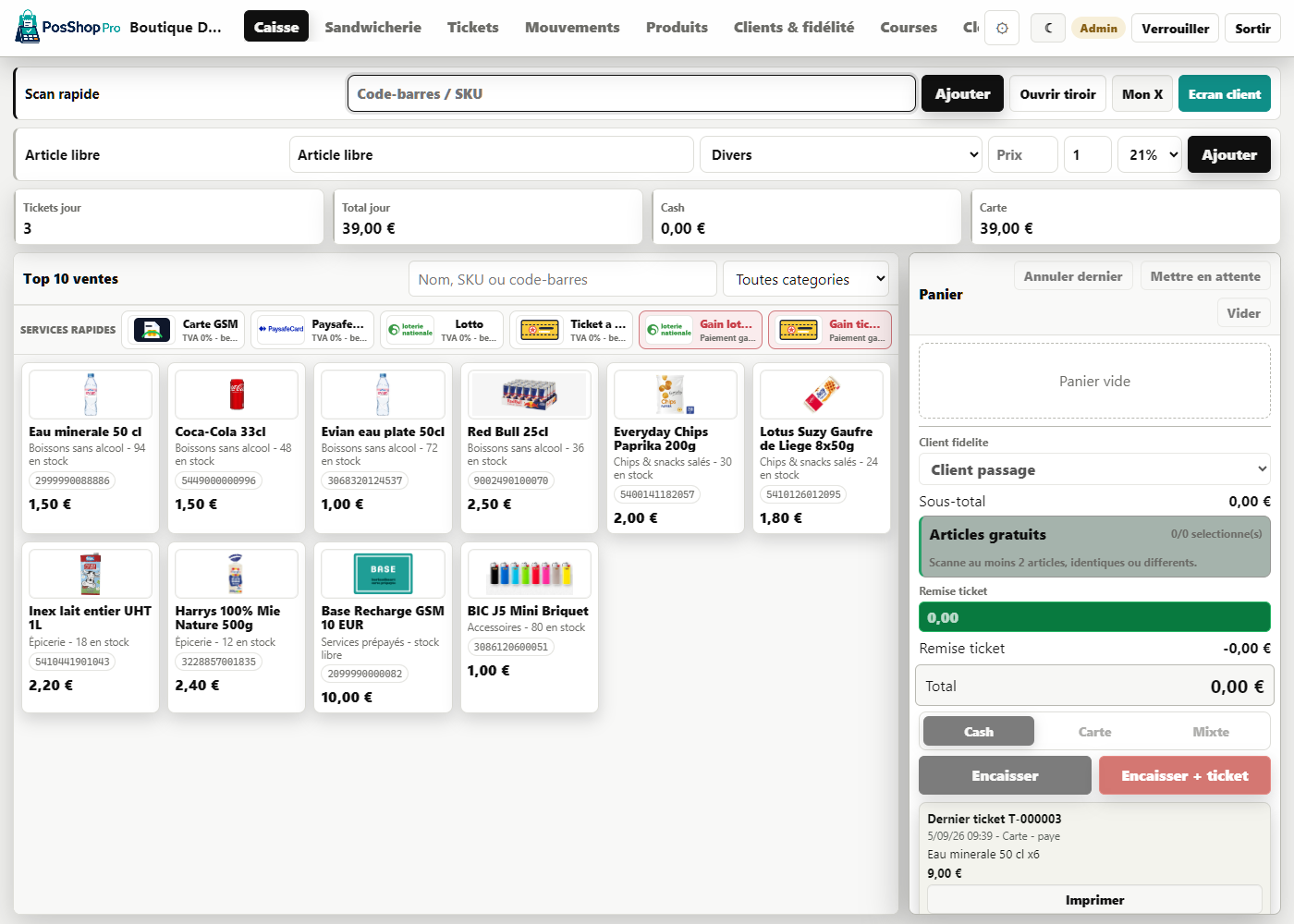 Interface réelle de l’encaissement PosShop Pro