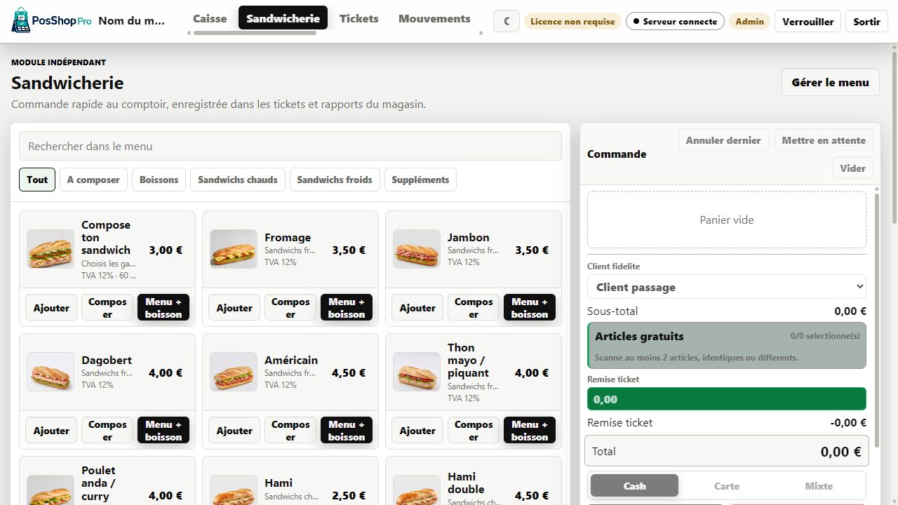 Interface PosShop Pro pour les sandwichs, compositions et menus